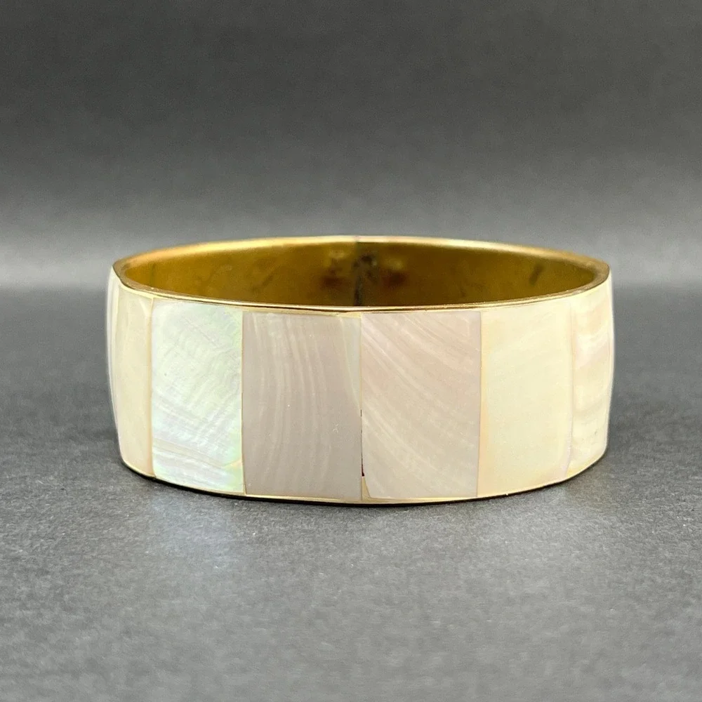 Vintage Bangle Bracelet Mother of Pearl Shell Inlay White Iridescent